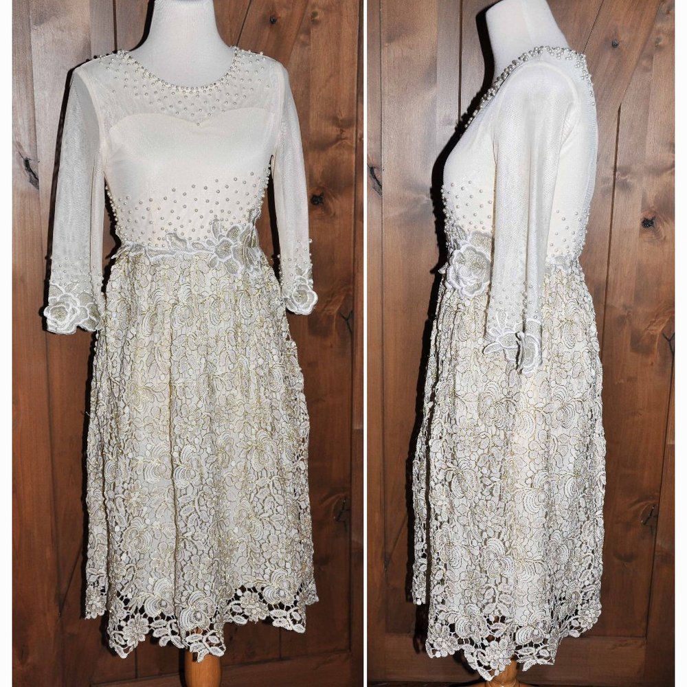 Metisu Vanilla & Gold 3/4 Length Bell Sleeve, Pearls, Lace Gold Appliques